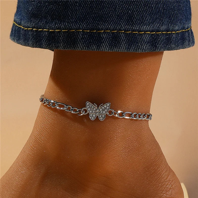 Fashion Bohemia Butterfly Anklet Rhinestone Chain Foot Chain Jewelry for Women Summer Beach Anklet Butterfly Barefoot Chain