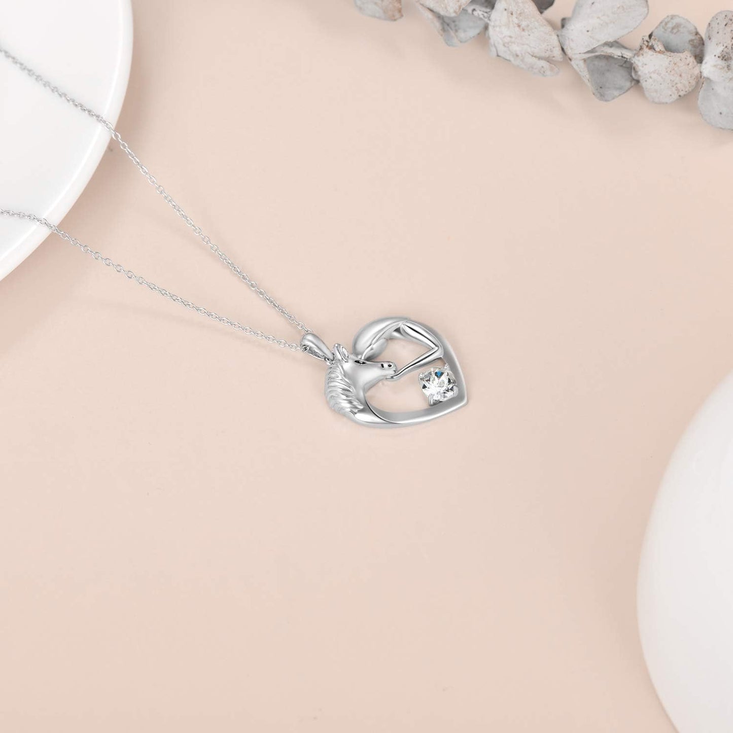 Horse Necklace Sterling Silver Love Heart Necklace with Birthstone Crystals, Horse Jewelry Gifts for Women Her