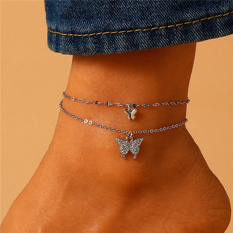 Fashion Bohemia Butterfly Anklet Rhinestone Chain Foot Chain Jewelry for Women Summer Beach Anklet Butterfly Barefoot Chain