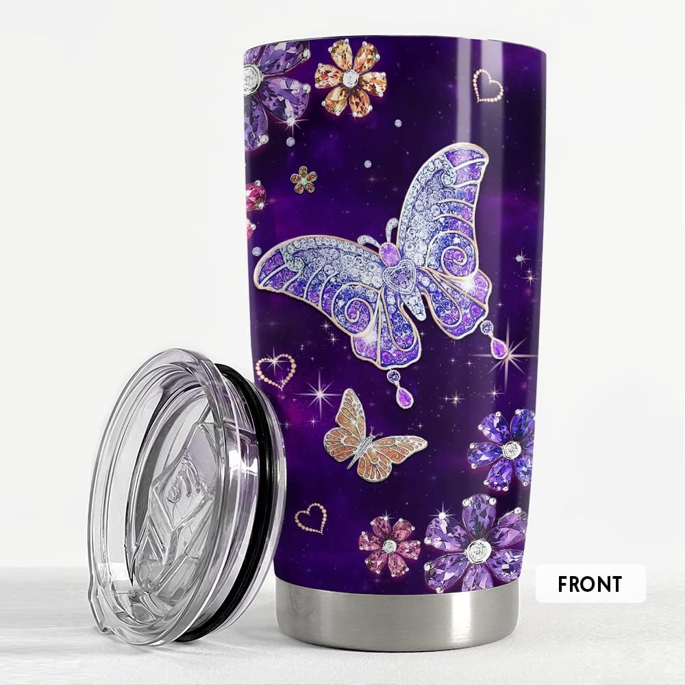 Purple Butterfly Tumbler Jewelry Style Butterfly Lover 20Oz Tumblers with Lid Gift for Women Girl Daughter Sister Mom Christmas Birthday Present