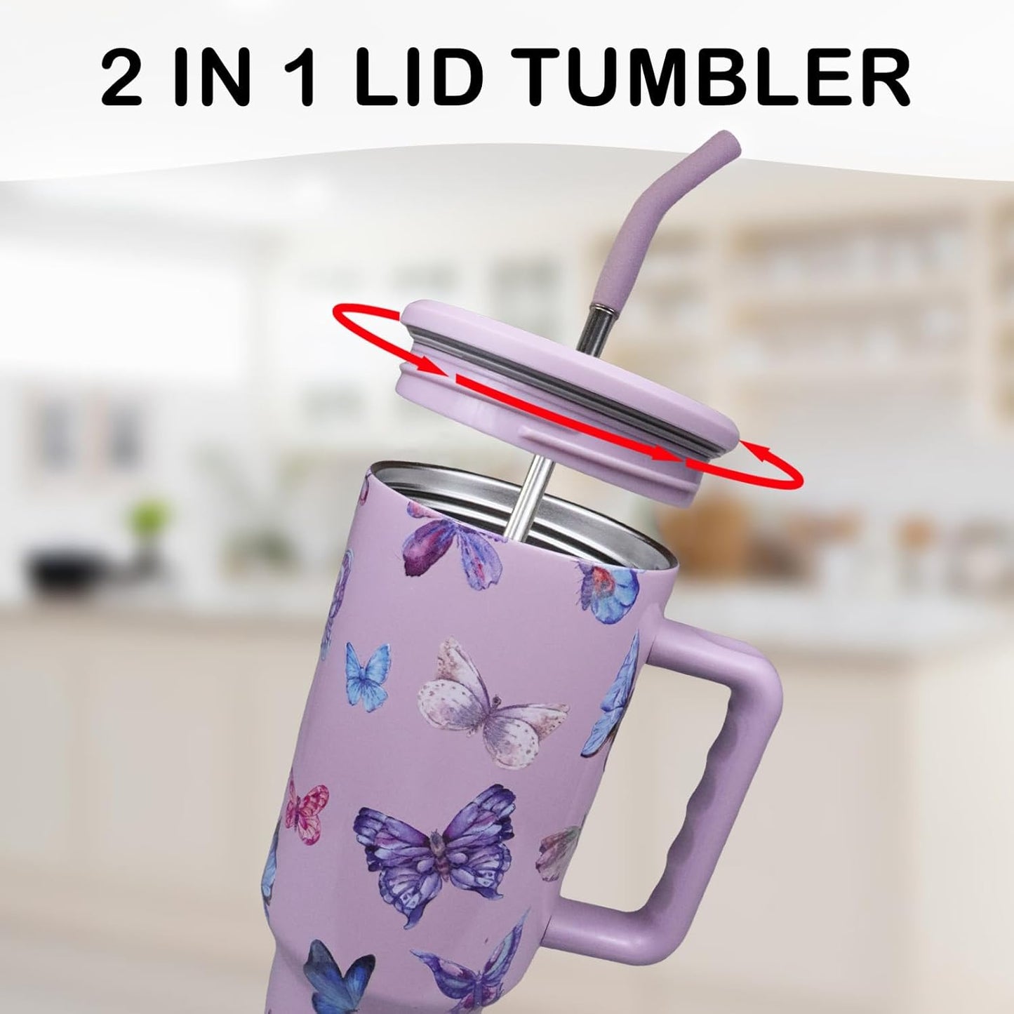 Butterfly Tumbler, Butterfly Gifts for Women 40 Oz Insulated Tumbler with Handle and Straw Cup Holder Friendly Travel Mug Stainless Steel Water Bottle
