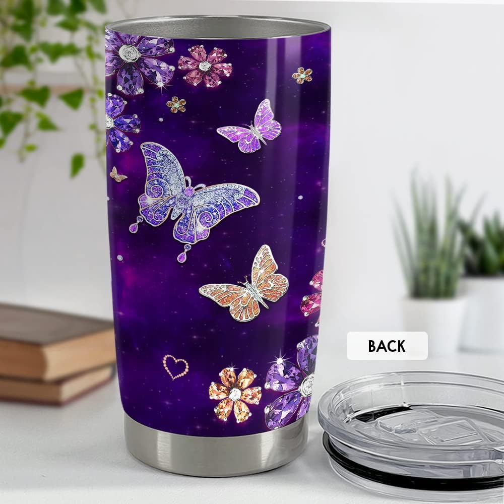 Purple Butterfly Tumbler Jewelry Style Butterfly Lover 20Oz Tumblers with Lid Gift for Women Girl Daughter Sister Mom Christmas Birthday Present