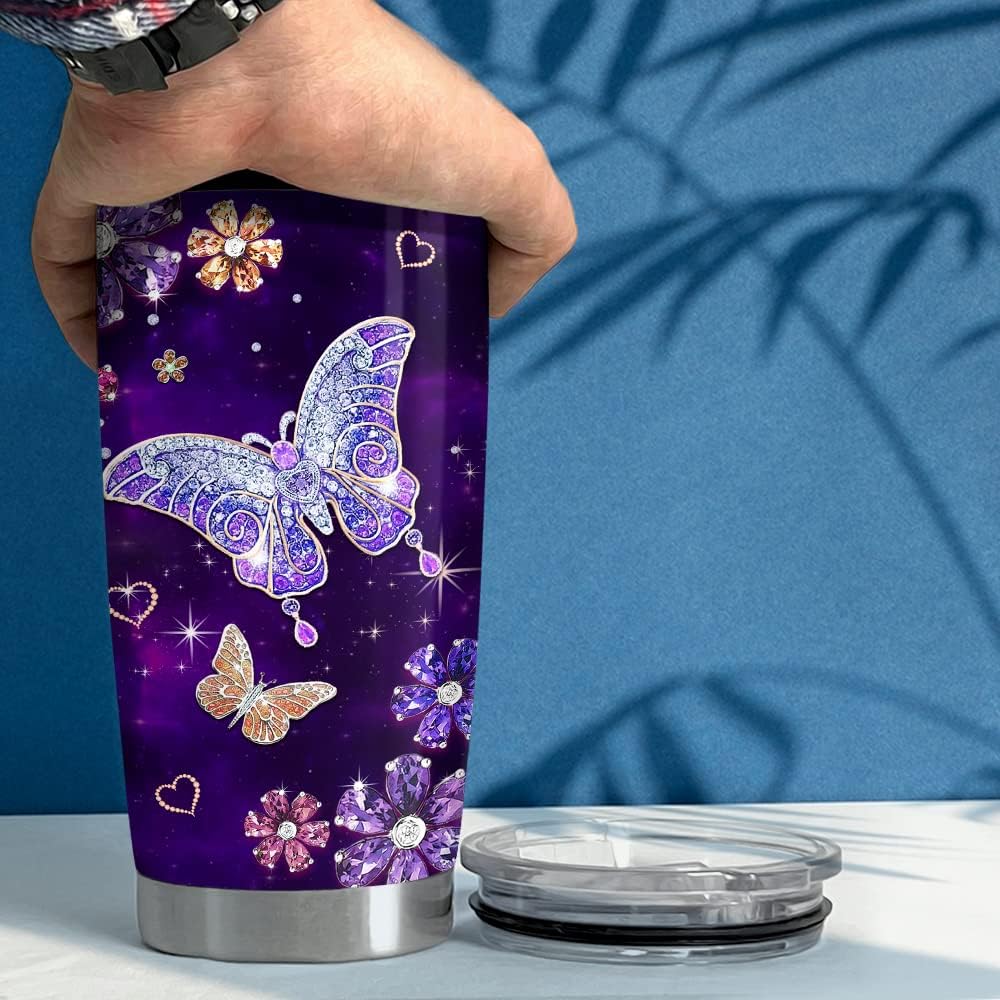 Purple Butterfly Tumbler Jewelry Style Butterfly Lover 20Oz Tumblers with Lid Gift for Women Girl Daughter Sister Mom Christmas Birthday Present
