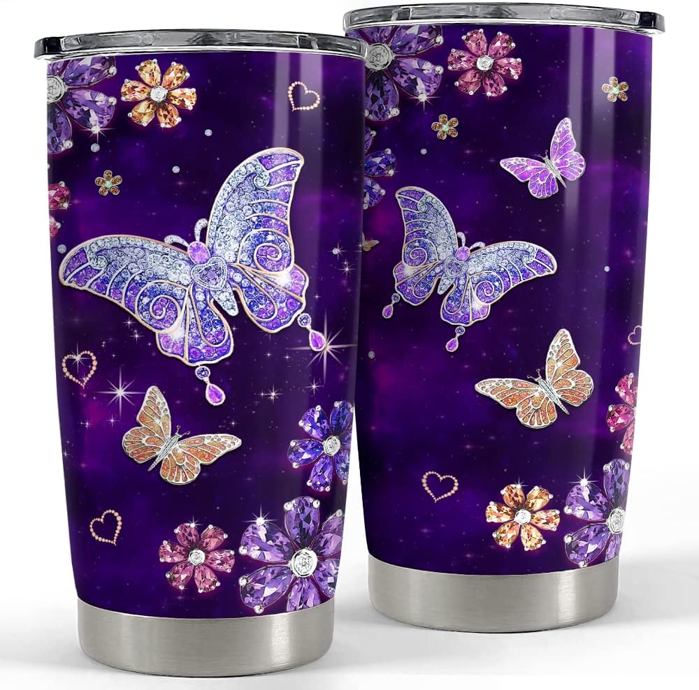 Purple Butterfly Tumbler Jewelry Style Butterfly Lover 20Oz Tumblers with Lid Gift for Women Girl Daughter Sister Mom Christmas Birthday Present