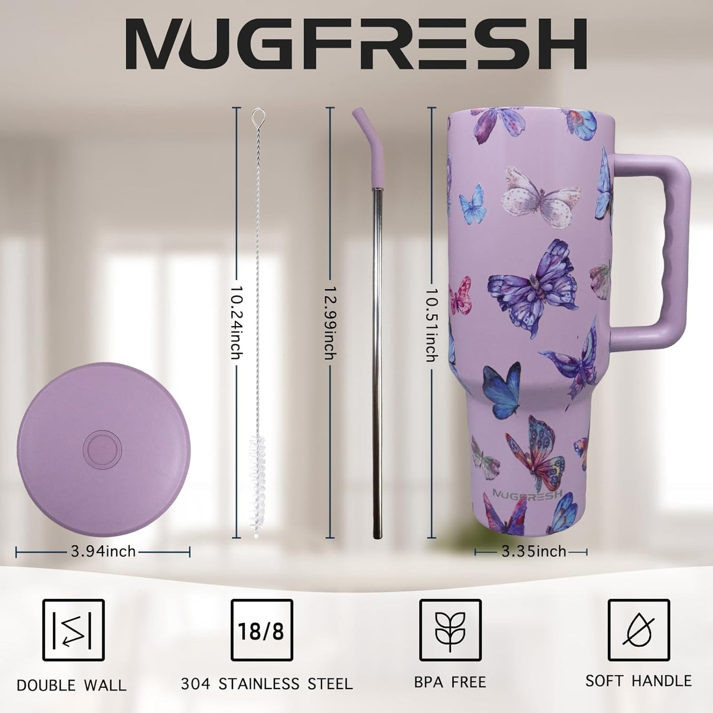 Butterfly Tumbler, Butterfly Gifts for Women 40 Oz Insulated Tumbler with Handle and Straw Cup Holder Friendly Travel Mug Stainless Steel Water Bottle