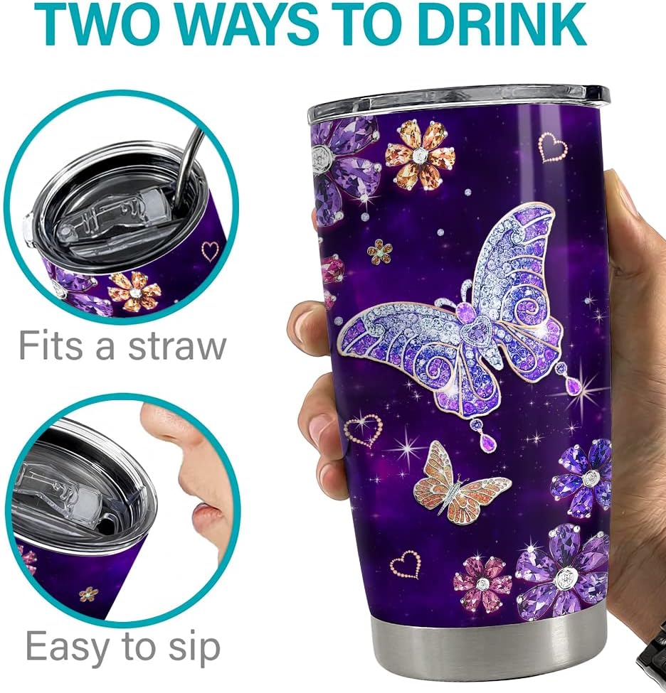 Purple Butterfly Tumbler Jewelry Style Butterfly Lover 20Oz Tumblers with Lid Gift for Women Girl Daughter Sister Mom Christmas Birthday Present