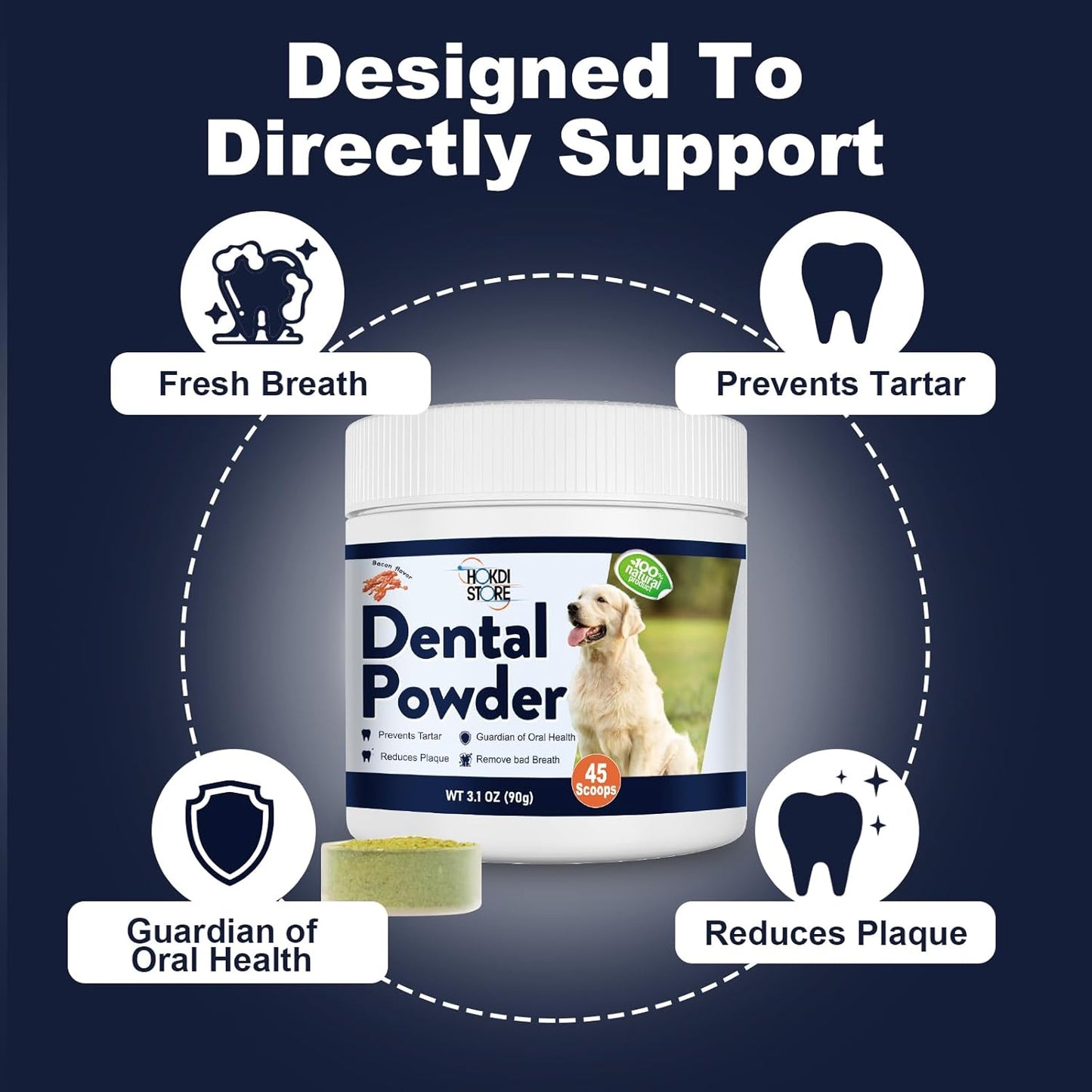 Dog Breath Freshener – Plaque & Tartar Remover Powder with Probiotics & Herbs – Teeth Cleaning & Oral Care – Chicken or Bacon Flavor - 45 & 75 Scoops (3.1 Ounce (Pack of 1), Bacon)