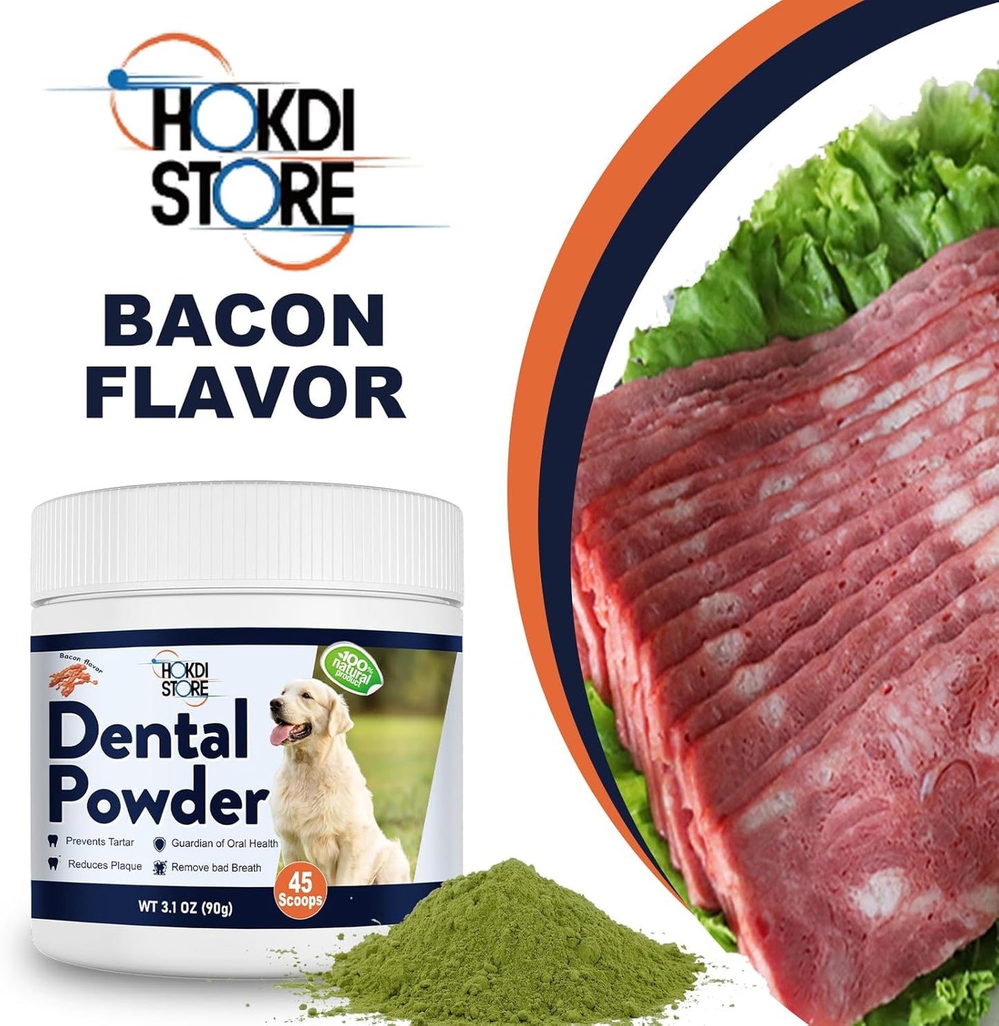 Dog Breath Freshener – Plaque & Tartar Remover Powder with Probiotics & Herbs – Teeth Cleaning & Oral Care – Chicken or Bacon Flavor - 45 & 75 Scoops (3.1 Ounce (Pack of 1), Bacon)