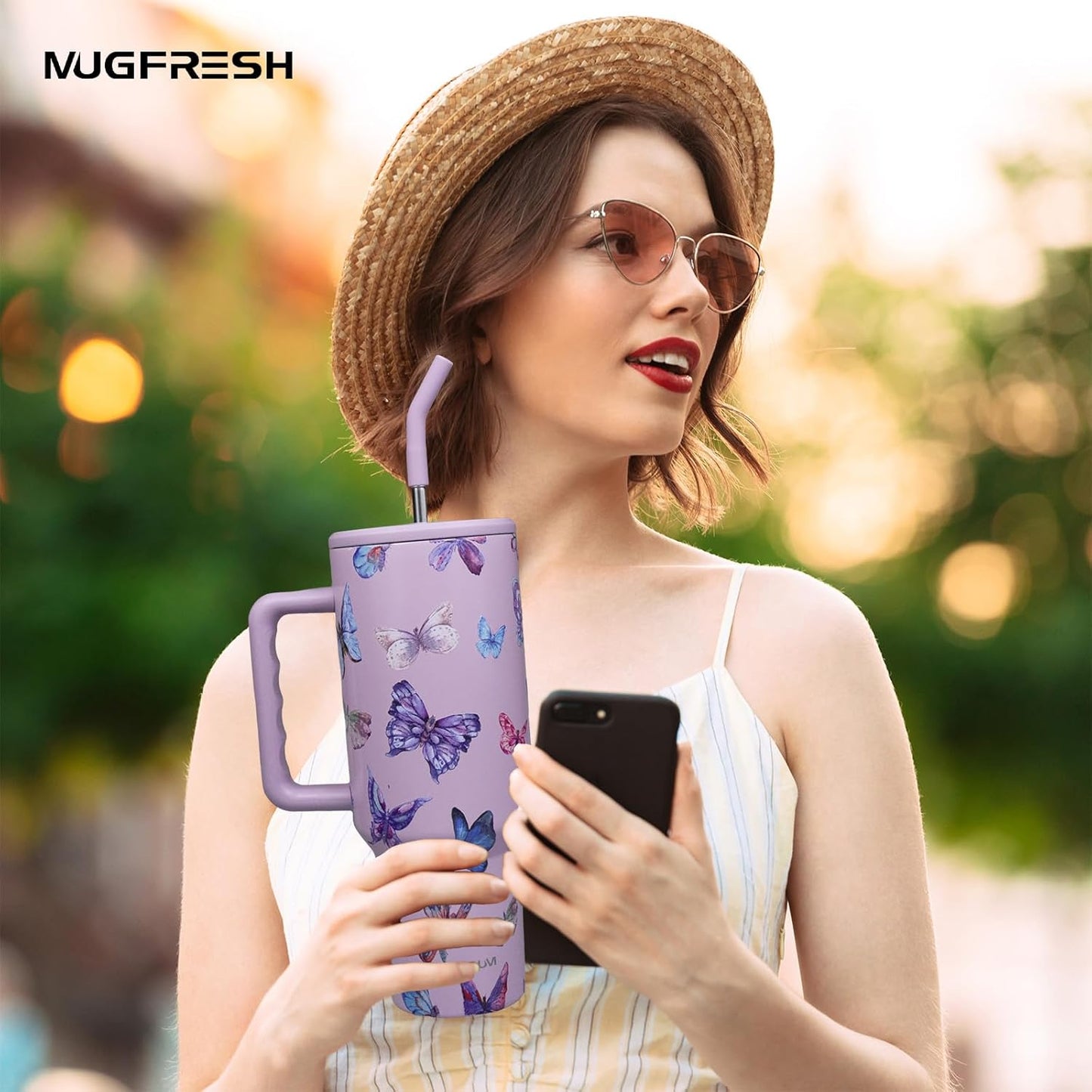 Butterfly Tumbler, Butterfly Gifts for Women 40 Oz Insulated Tumbler with Handle and Straw Cup Holder Friendly Travel Mug Stainless Steel Water Bottle