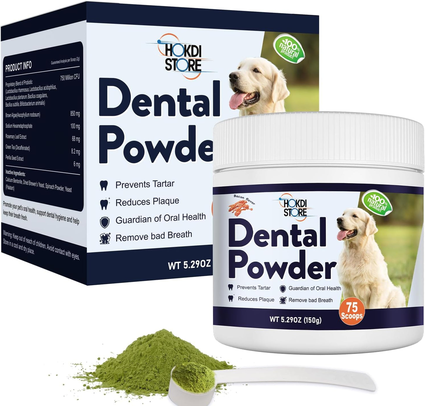 Dog Breath Freshener – Plaque & Tartar Remover Powder with Probiotics & Herbs – Teeth Cleaning & Oral Care – Chicken or Bacon Flavor - 45 & 75 Scoops (3.1 Ounce (Pack of 1), Bacon)