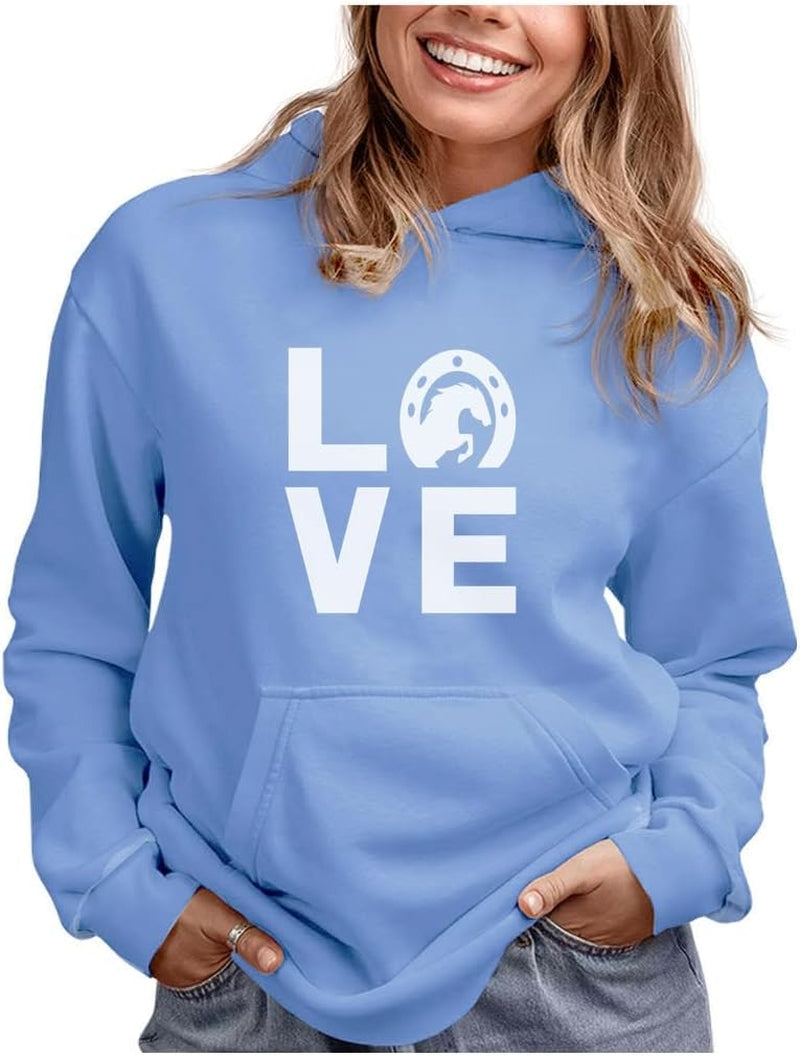 Horseshoe Print Love Hoodie for Women Teen Girls Equestrian Horseback Riding Horse Sweatshirt Hoodies