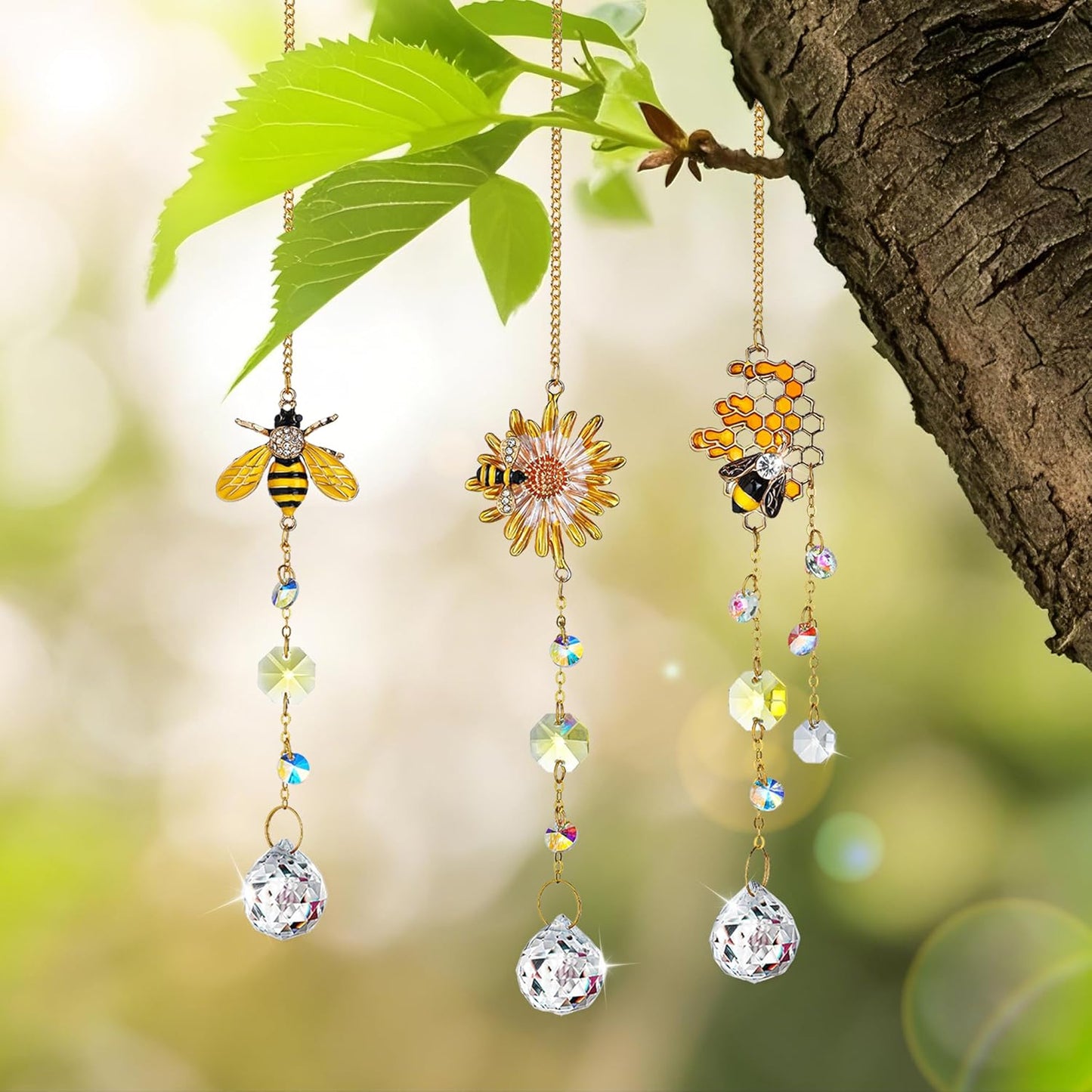 3 Pack Sun Catcher Crystal Honeycomb Bee Ornaments Crystals Bumble Bee Honeycomb with Glass Prisms Decor Garden Suncatcher Window Hanging Gifts for Women,Bee Lovers