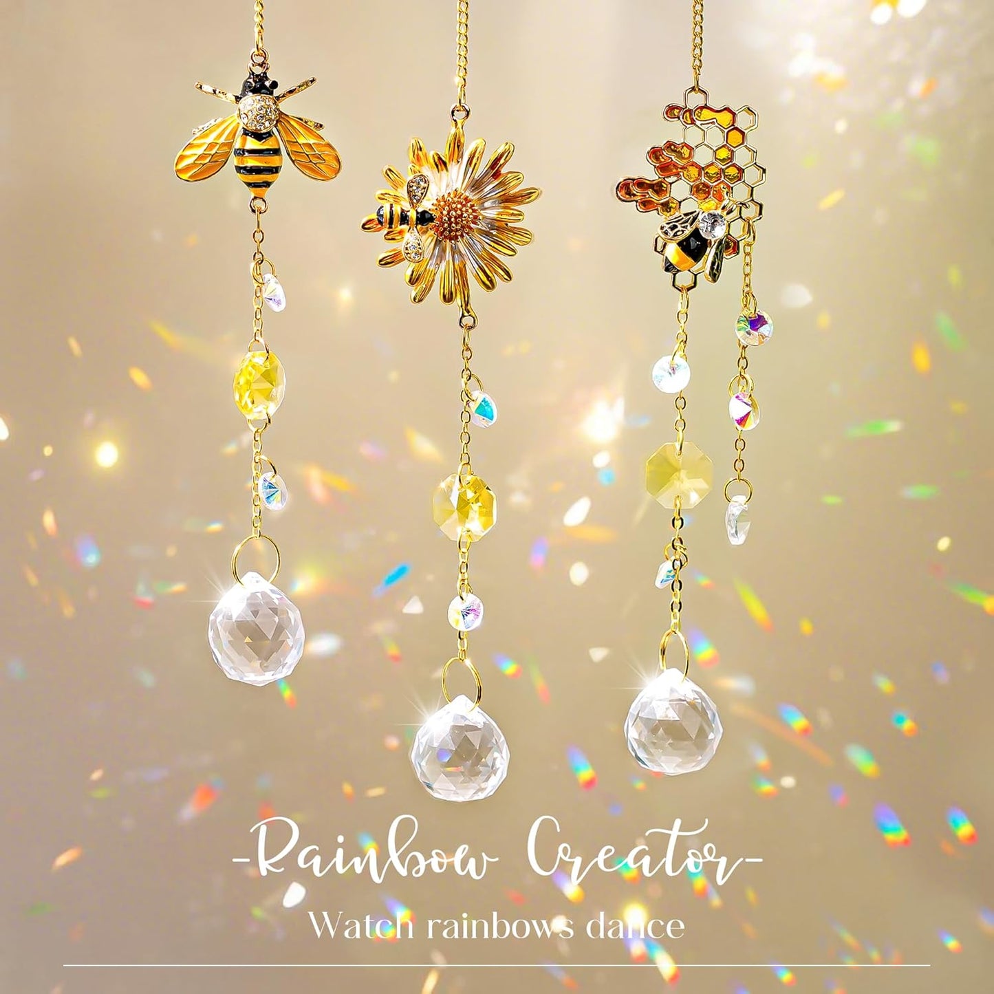 3 Pack Sun Catcher Crystal Honeycomb Bee Ornaments Crystals Bumble Bee Honeycomb with Glass Prisms Decor Garden Suncatcher Window Hanging Gifts for Women,Bee Lovers