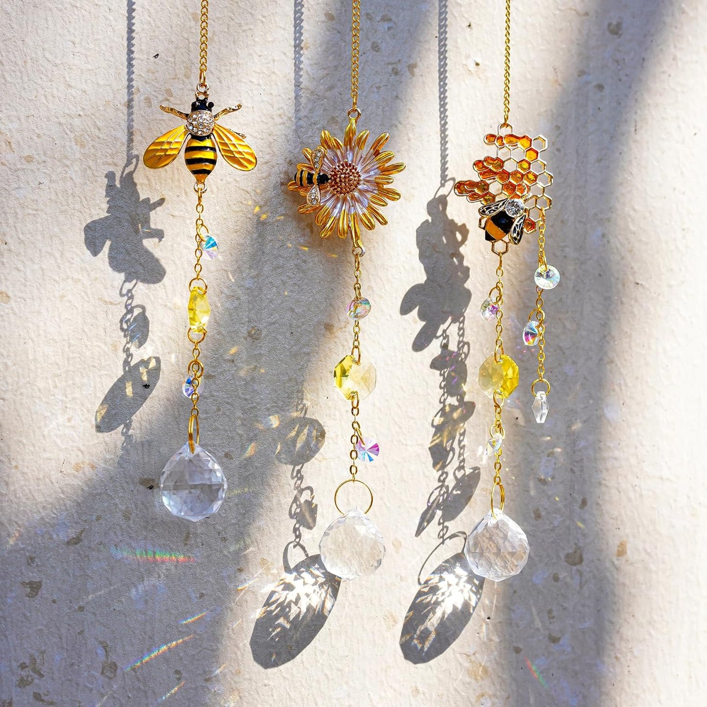 3 Pack Sun Catcher Crystal Honeycomb Bee Ornaments Crystals Bumble Bee Honeycomb with Glass Prisms Decor Garden Suncatcher Window Hanging Gifts for Women,Bee Lovers