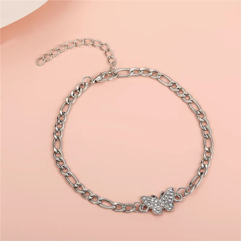 Fashion Bohemia Butterfly Anklet Rhinestone Chain Foot Chain Jewelry for Women Summer Beach Anklet Butterfly Barefoot Chain