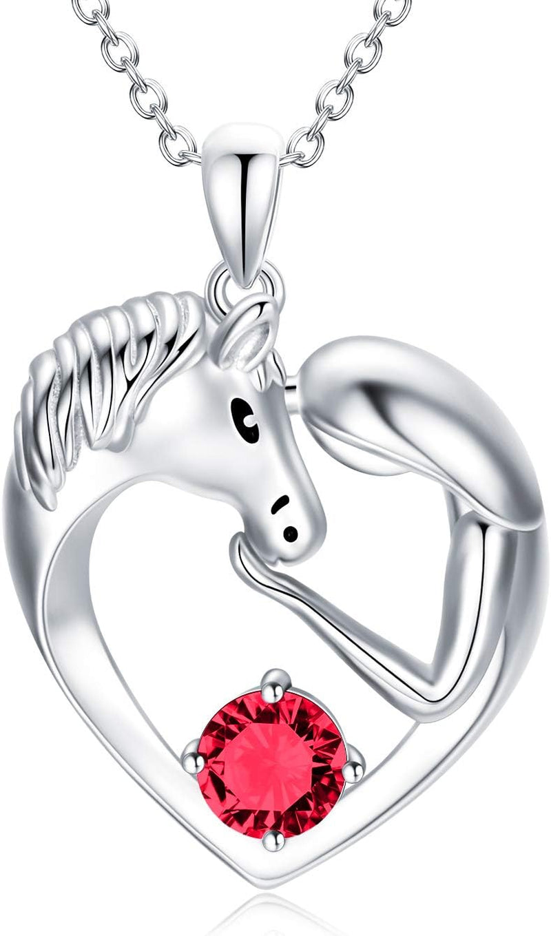 Horse Necklace Sterling Silver Love Heart Necklace with Birthstone Crystals, Horse Jewelry Gifts for Women Her
