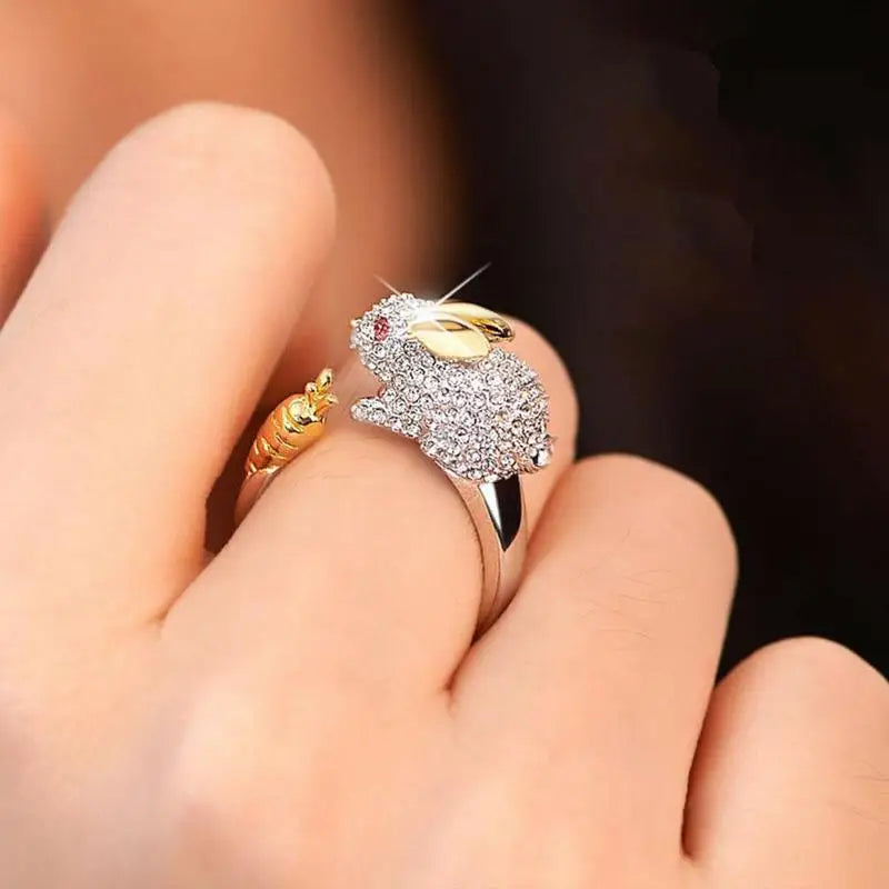 Milangirl Cubic Zirconia Open Wedding Adjustable Rings Cute Finger Ring Bunny Animal Jewelry Rabbit Shape Rings for Women