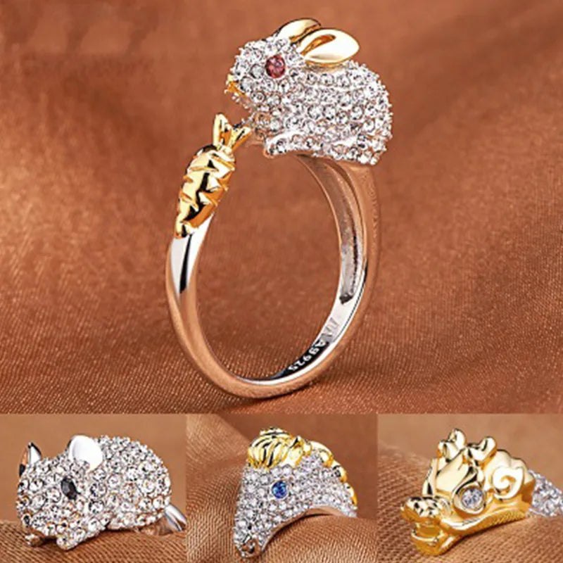 Milangirl Cubic Zirconia Open Wedding Adjustable Rings Cute Finger Ring Bunny Animal Jewelry Rabbit Shape Rings for Women