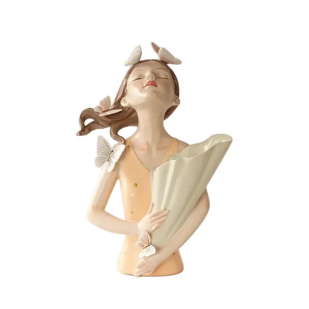 30Cm Butterfly and Girl Vase Statue Handmade Modern Art Figurines Home Decoration Living Pink Room Interior Bedroom Decor Resin