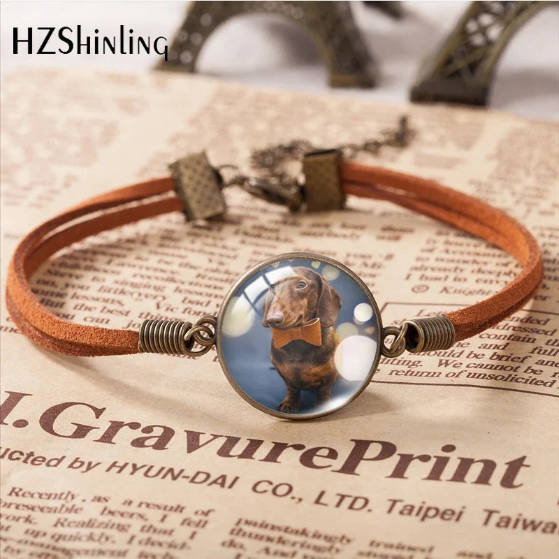 Dachshund Dogs Animal Pet Pattern Leather Bracelets Art Accessories Glass Cabochon Fashion Jewelry Gift