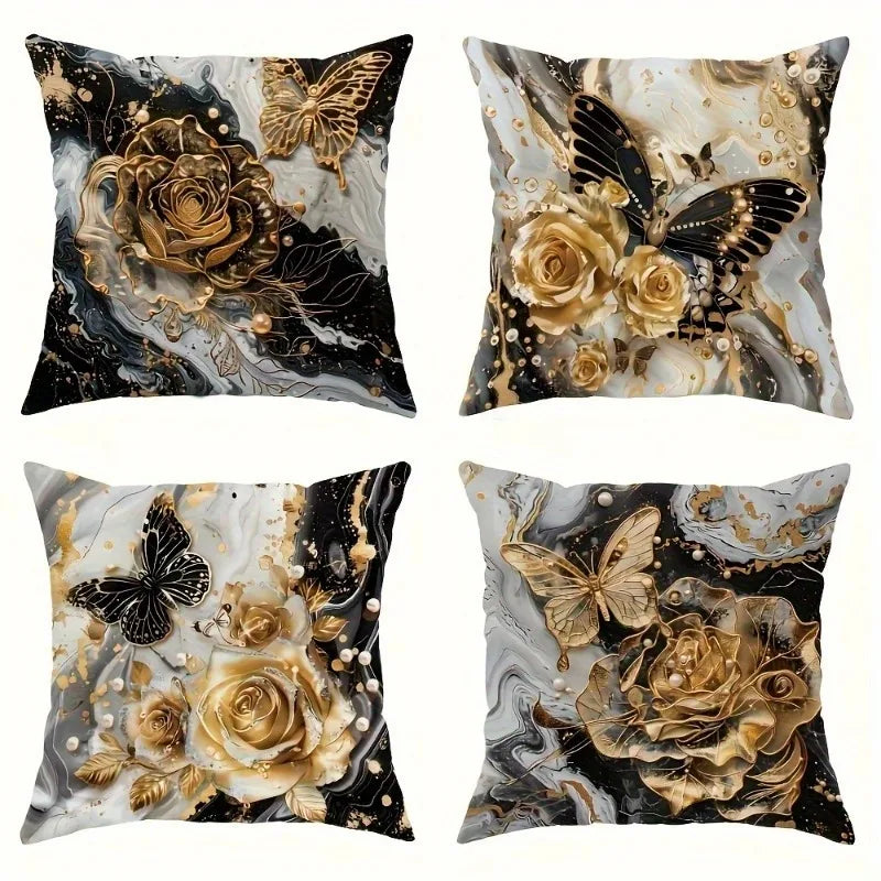 Black and Gold Rose Butterfly Luxury Pillowcasebedroom Living Room Sofa Home Decor Polyester Cushion Cover with Zipper
