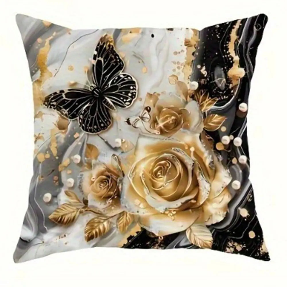 Black and Gold Rose Butterfly Luxury Pillowcasebedroom Living Room Sofa Home Decor Polyester Cushion Cover with Zipper