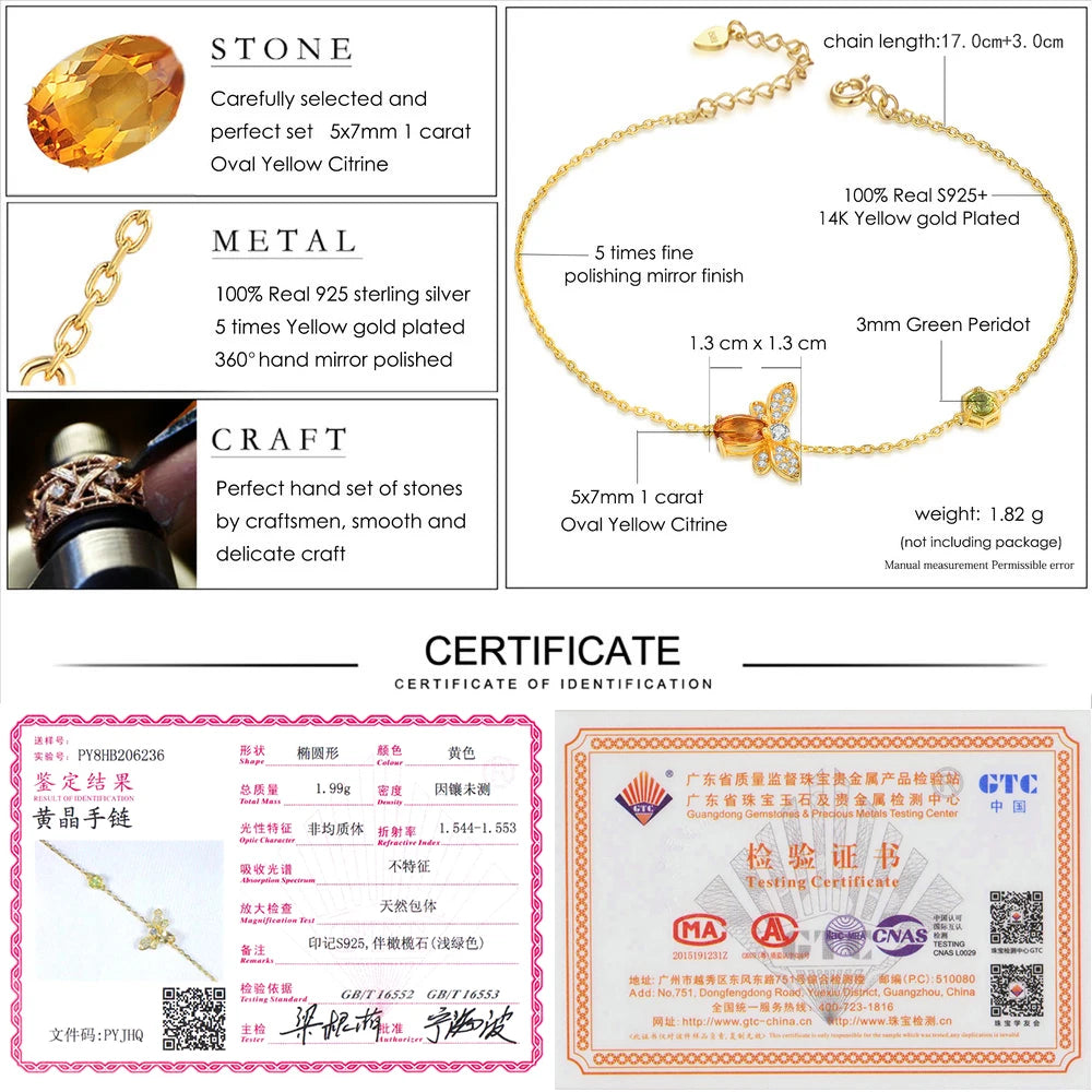Bee Bracelet for Woman Citrine Gemstones Bracelets 925 Sterling Silve 14K Gold Plated Designer Jewelry for Lover LMHI002