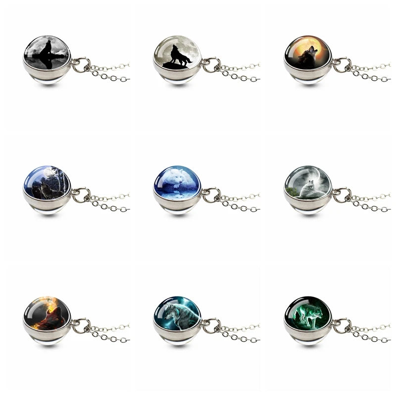 Men Fashion Wolf Necklace Wolf Head Glass Ball Pendant with Silver Color Chain Necklace Fantasy Jewelry