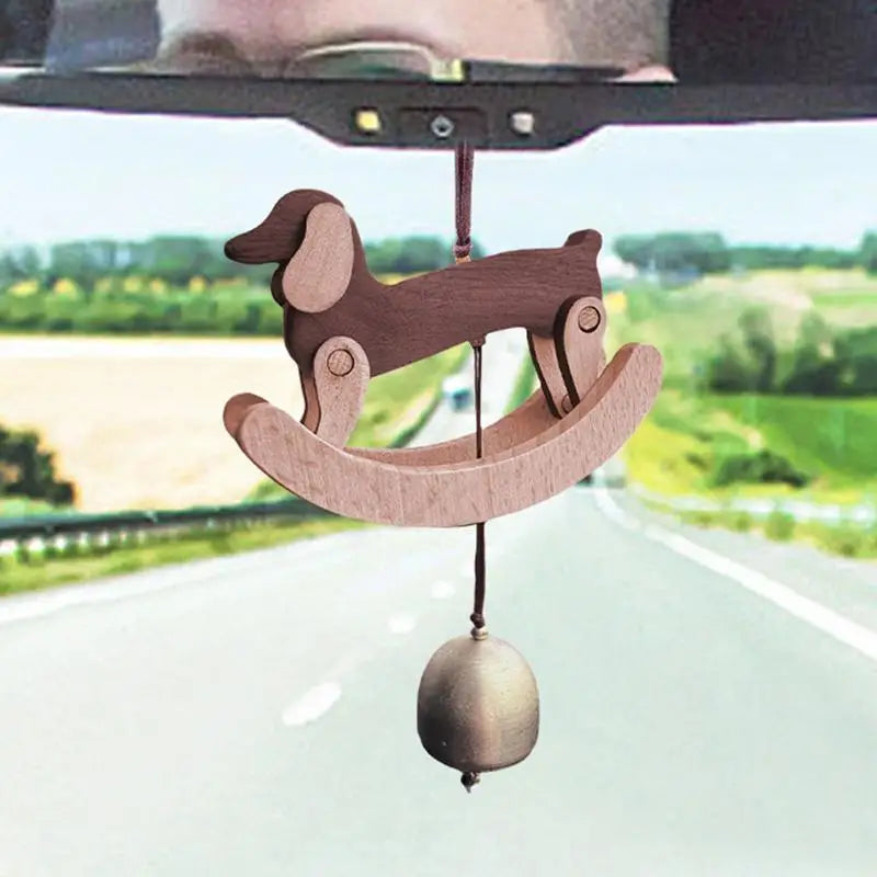Wooden Sausage Dog Carousel Wind Chime Pendant with Bell 3D Dachshund Shape Wind Chime Cartoon Car Charm Ornament