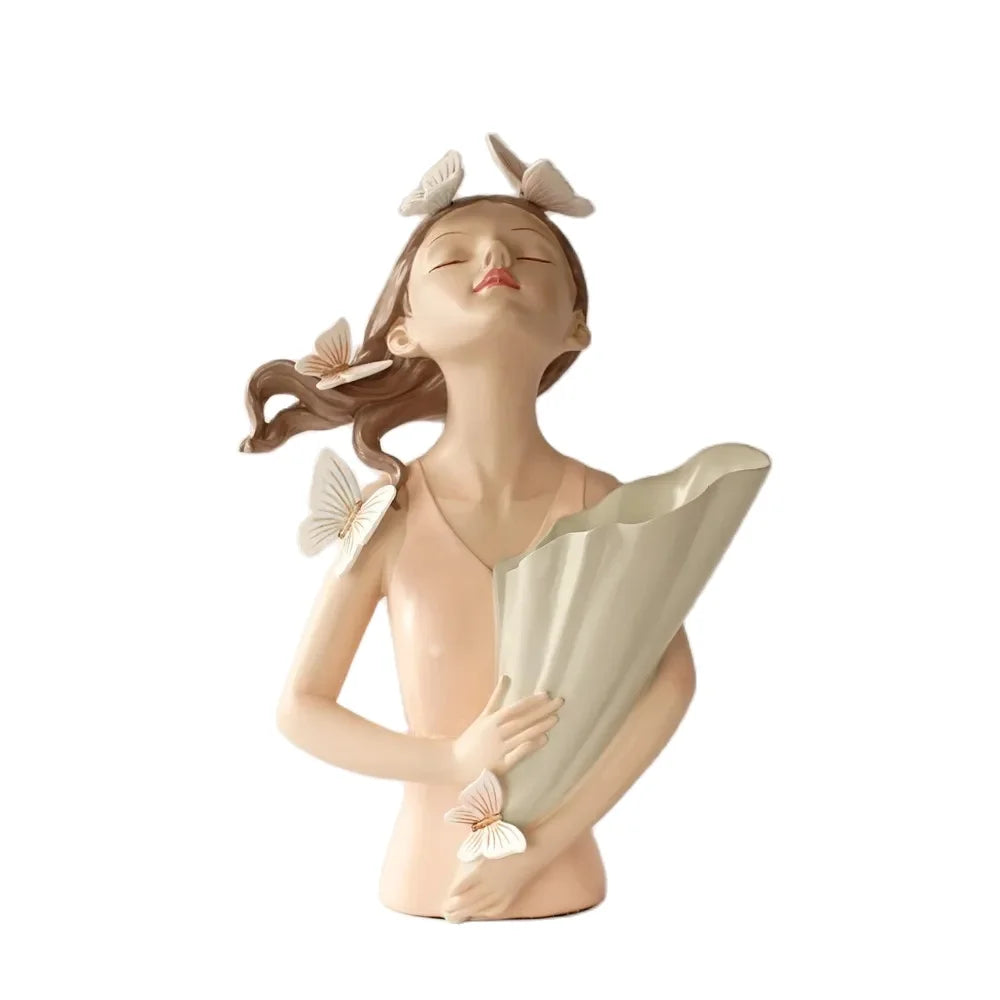 30Cm Butterfly and Girl Vase Statue Handmade Modern Art Figurines Home Decoration Living Pink Room Interior Bedroom Decor Resin