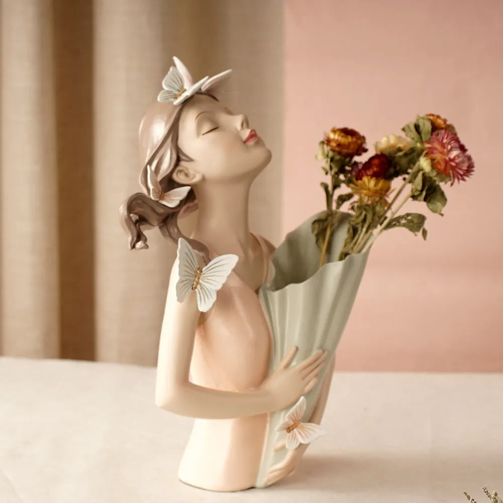 30Cm Butterfly and Girl Vase Statue Handmade Modern Art Figurines Home Decoration Living Pink Room Interior Bedroom Decor Resin