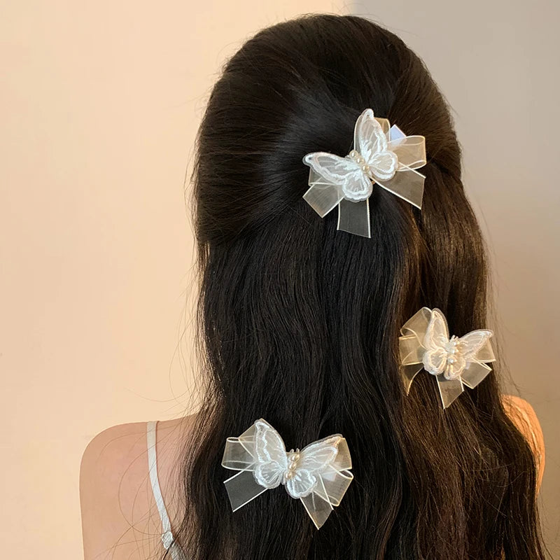 White Transparent Lace Butterflies Hair Clips for Women Cute Pearls Butterfly Hairpins Kids Bow Barrettes Girls Hair Accessories