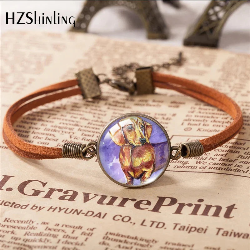 Dachshund Dogs Animal Pet Pattern Leather Bracelets Art Accessories Glass Cabochon Fashion Jewelry Gift