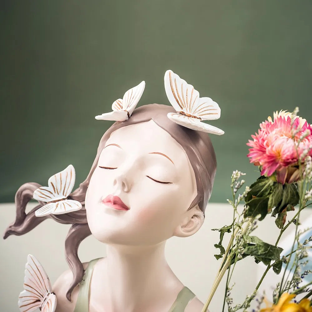 30Cm Butterfly and Girl Vase Statue Handmade Modern Art Figurines Home Decoration Living Pink Room Interior Bedroom Decor Resin