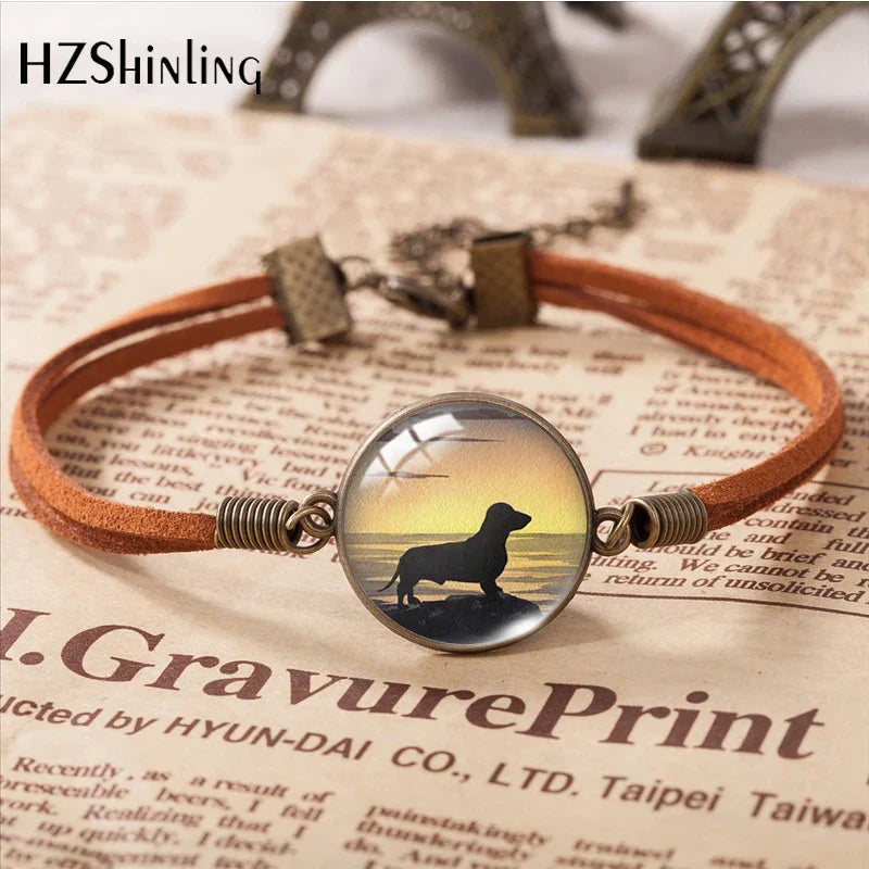 Dachshund Dogs Animal Pet Pattern Leather Bracelets Art Accessories Glass Cabochon Fashion Jewelry Gift
