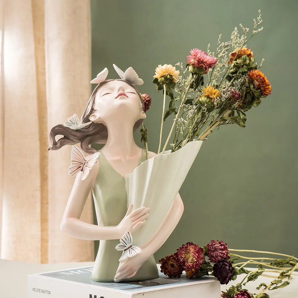 30Cm Butterfly and Girl Vase Statue Handmade Modern Art Figurines Home Decoration Living Pink Room Interior Bedroom Decor Resin