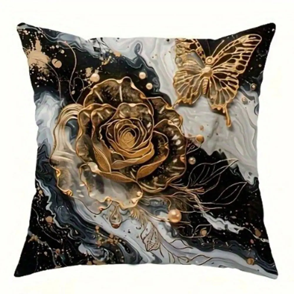 Black and Gold Rose Butterfly Luxury Pillowcasebedroom Living Room Sofa Home Decor Polyester Cushion Cover with Zipper