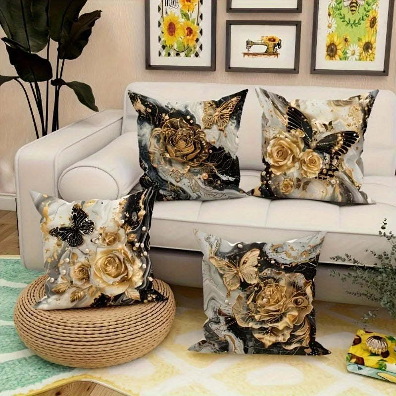 Black and Gold Rose Butterfly Luxury Pillowcasebedroom Living Room Sofa Home Decor Polyester Cushion Cover with Zipper