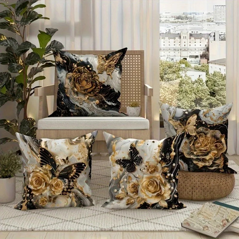 Black and Gold Rose Butterfly Luxury Pillowcasebedroom Living Room Sofa Home Decor Polyester Cushion Cover with Zipper