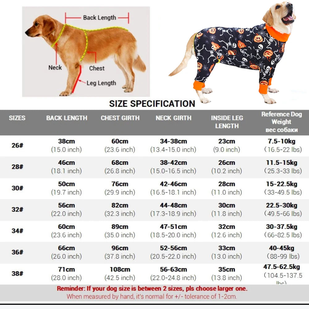 2024 New Halloween Prints Dog Four-Legged Suit for Large Medium Bodysuit Dogs Pajamas PJS Full Body for Shedding Prevent Licking