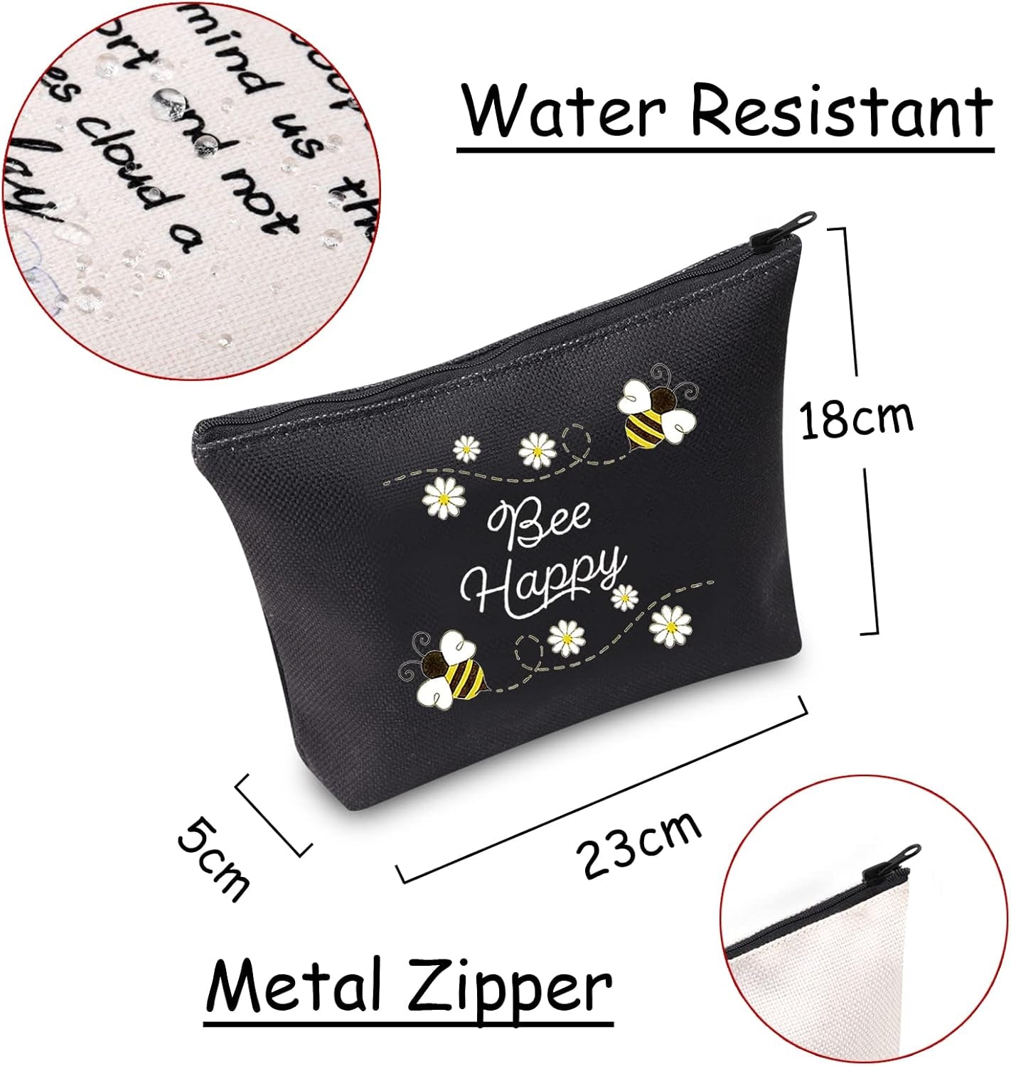 Honey Bee Makeup Bag with Zipper Bee Lover Gifts for Women Bee Cosmetic Bag (Bee Happy Black)