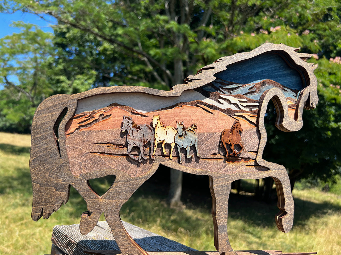 3D Layered Wood Horse Wall Art - Handcrafted Rustic Equestrian Decor - Unique Gift for Horse Lovers