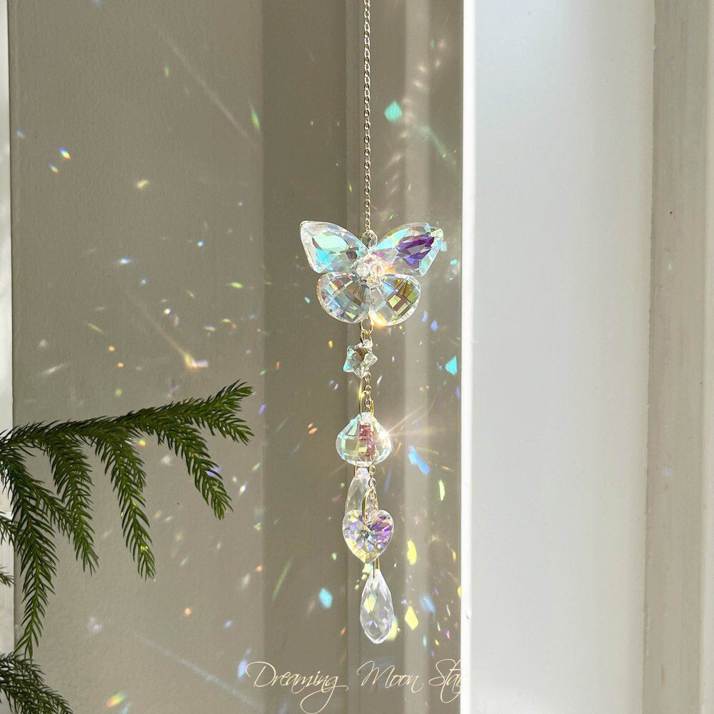 Butterfly Crystal Pendant Suncatcher | Butterfly Car Charm Gifts for Her| Rainbow Maker| Aesthetic Room Decor | Light Prism Crystal Hangings
