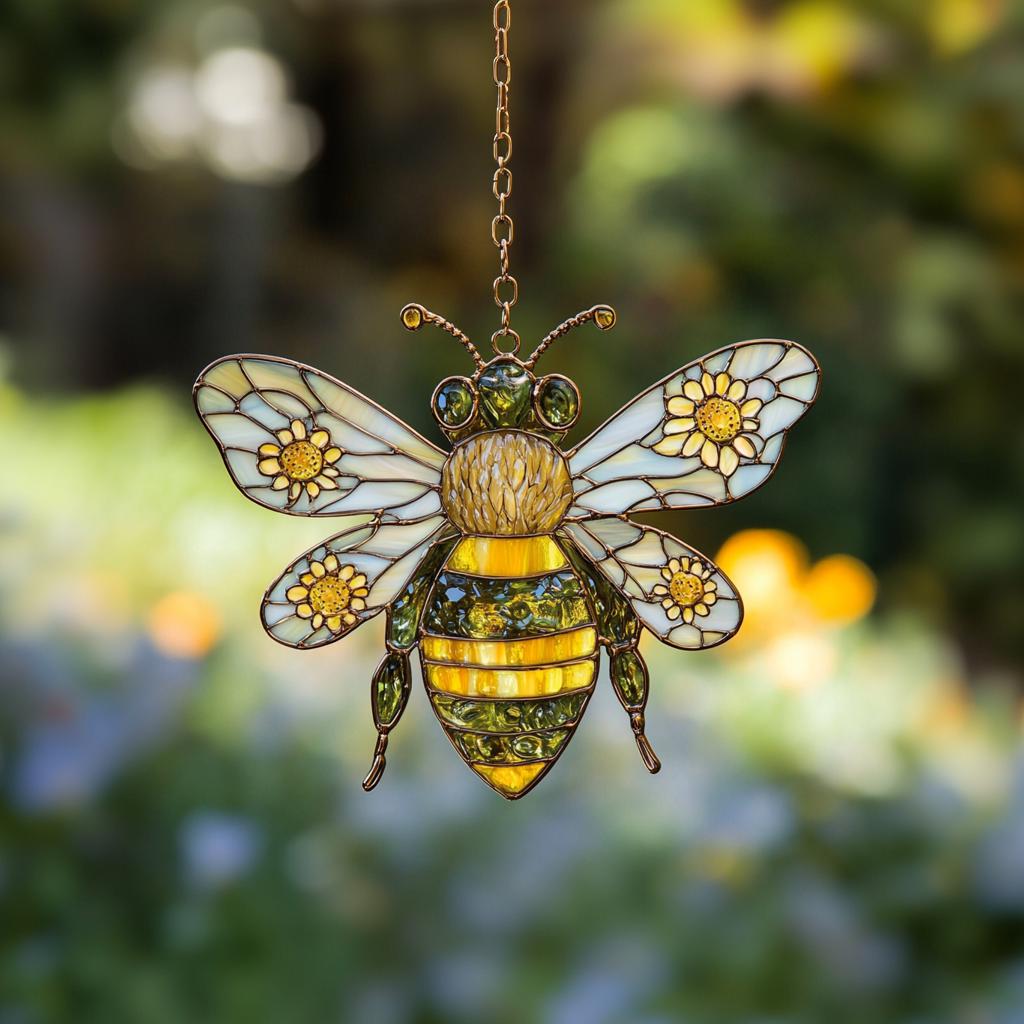 Bee Faux Stained Glass Suncatcher, Honeybee Acrylic Window Hanging, Garden Decor Gift, Faux Stained Glass Bee Ornament, Nature Lover Gift