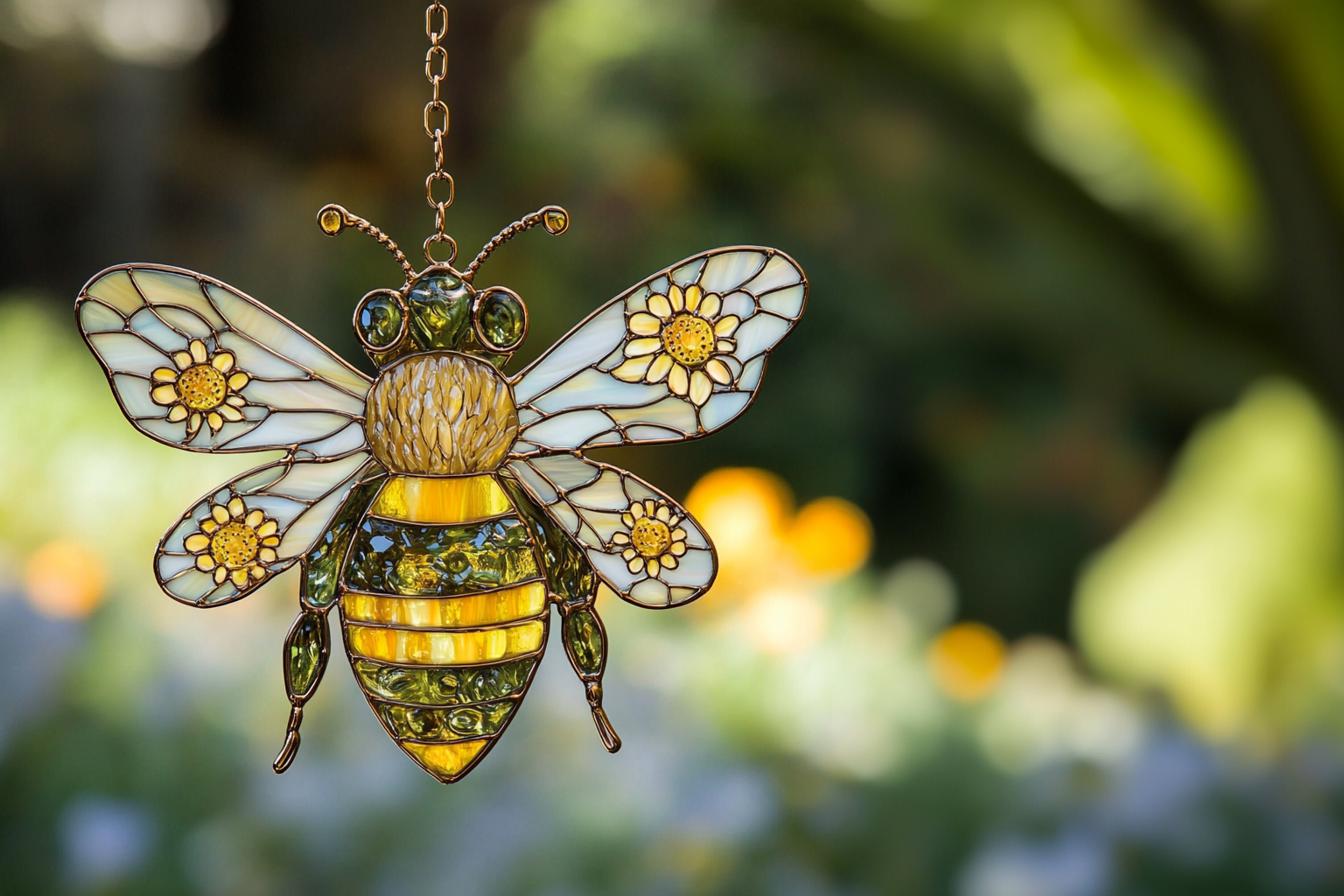 Bee Faux Stained Glass Suncatcher, Honeybee Acrylic Window Hanging, Garden Decor Gift, Faux Stained Glass Bee Ornament, Nature Lover Gift