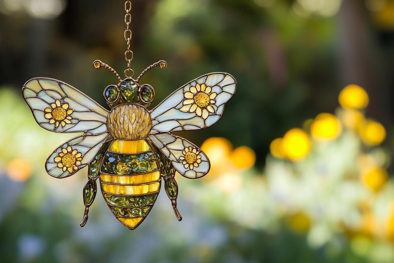 Bee Faux Stained Glass Suncatcher, Honeybee Acrylic Window Hanging, Garden Decor Gift, Faux Stained Glass Bee Ornament, Nature Lover Gift