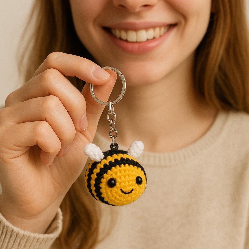 Handmade Crochet Bee Keychain – Cute Amigurumi Bag Charm – Bumblebee Gift – Car Mirror Accessory – Bee Lover Gift