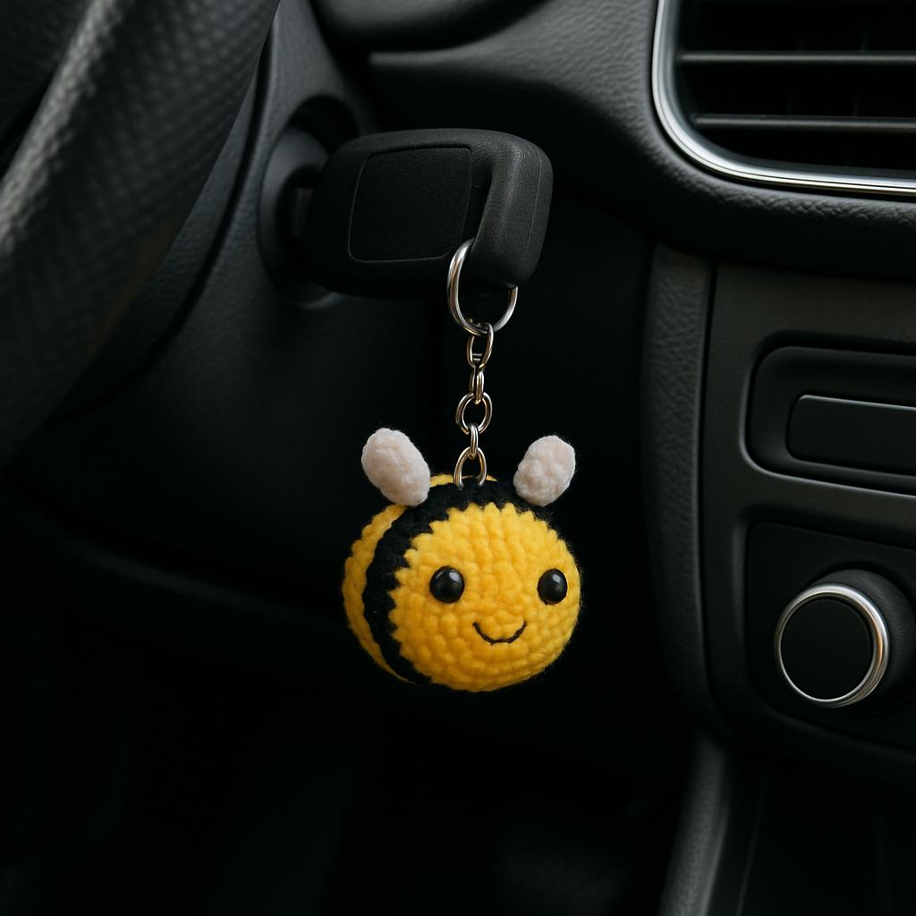 Handmade Crochet Bee Keychain – Cute Amigurumi Bag Charm – Bumblebee Gift – Car Mirror Accessory – Bee Lover Gift