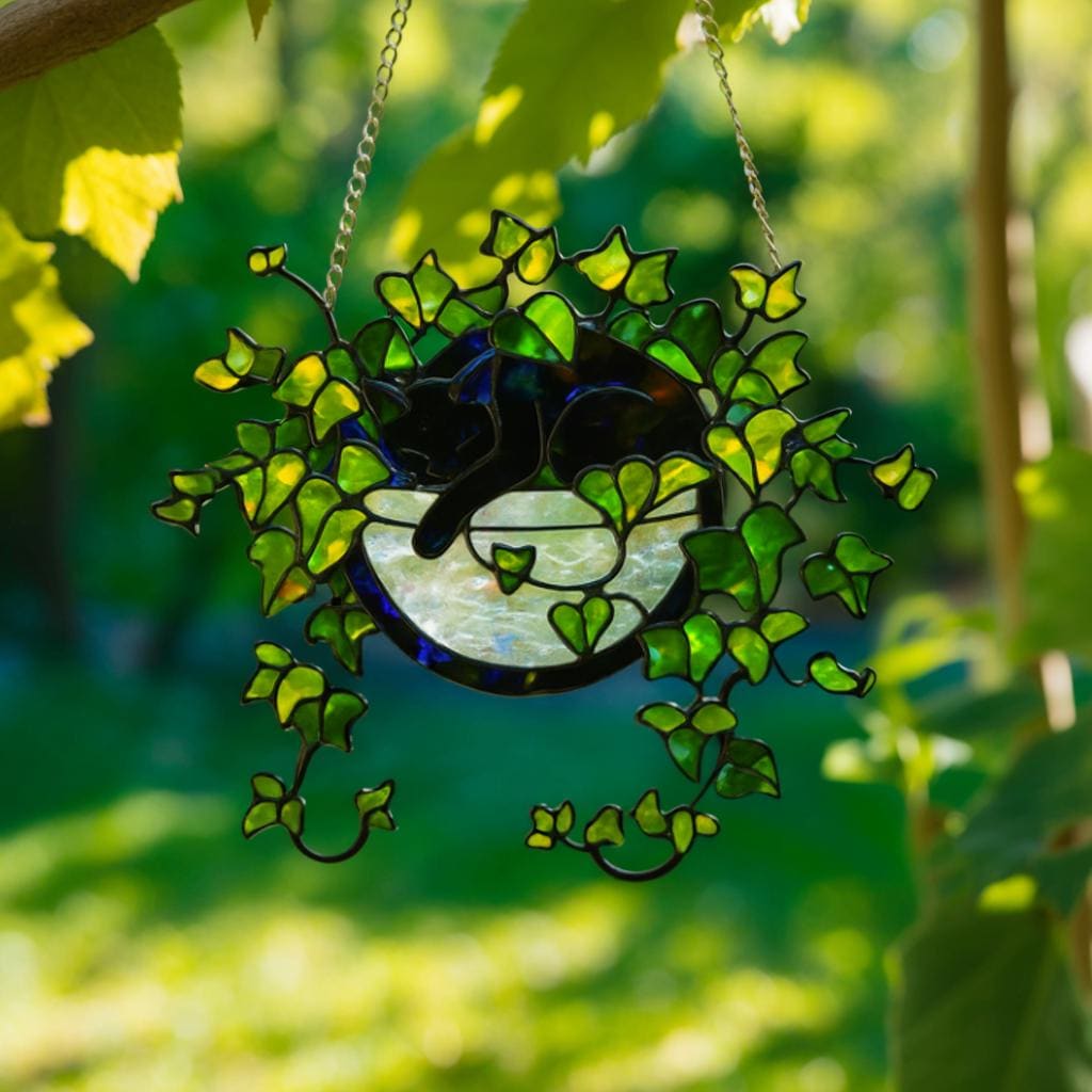 Black Cat Moon Suncatcher, Stained Glass Style Window Hanging, Ivy Plant Acrylic Decor, Cozy Witchy Home Art, Cat Lover Gift