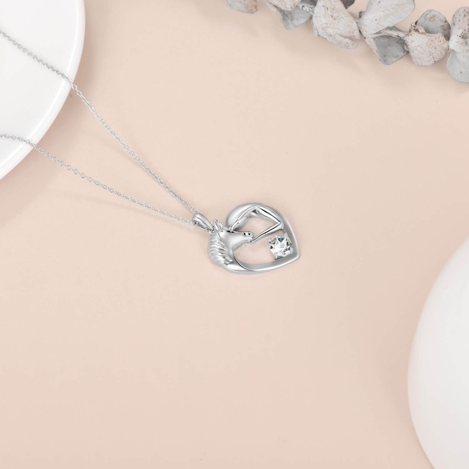Horse Necklace Sterling Silver Love Heart Necklace with Birthstone Crystals, Horse Jewelry Gifts for Women Her